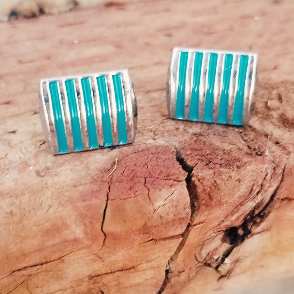 Vintage Blue Enamel & Silver Stripe Cufflinks